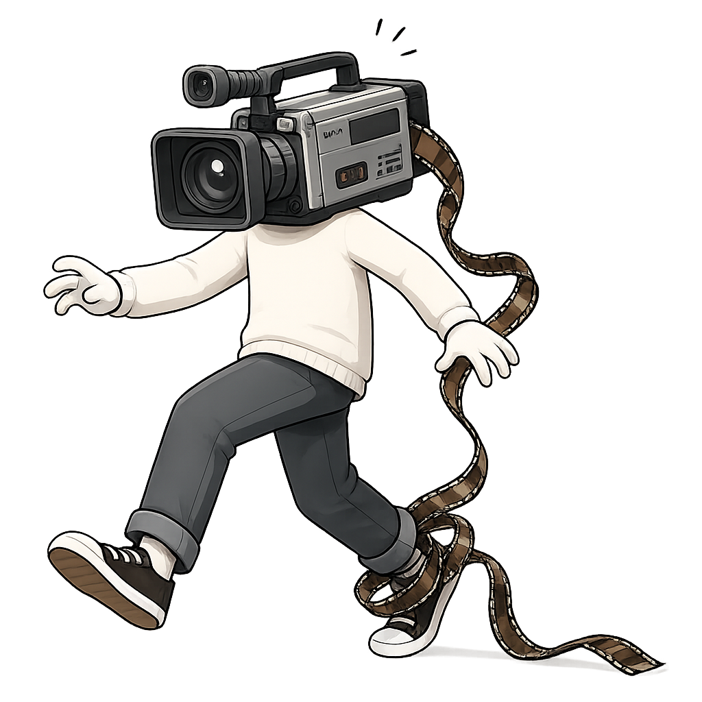 Persoon met een videocamera als hoofd die over een filmstrook struikelt